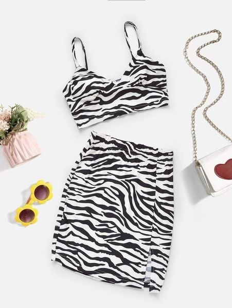 

girls zebra stripe cami with slit skirt she, White