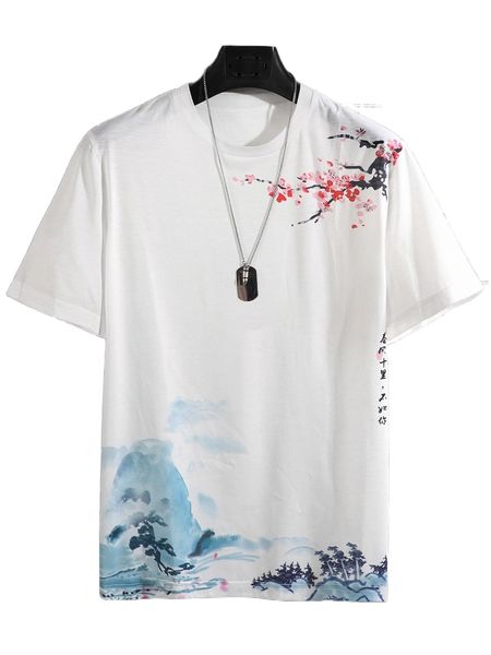 

men floral & chinese letter graphic tee y2tl#, White;black