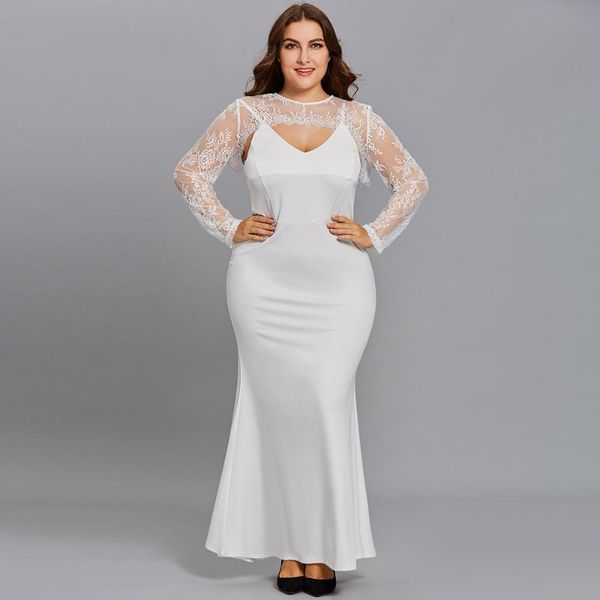 Plus Size Vestidos Sexy Evening White Dress Mulheres Rendas Festa Longa Saco Bolsa Lápis Saia Suspender 2022 de Verano