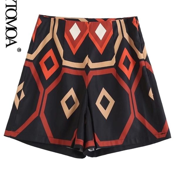 

kpytomoa women fashion geometric print shorts vintage high waist side zipper female short pants mujer 220415, White;black