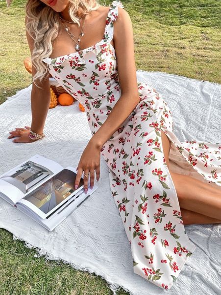 

random cherry print slit thigh ruffle trim cami dress v6xr#, Black;gray