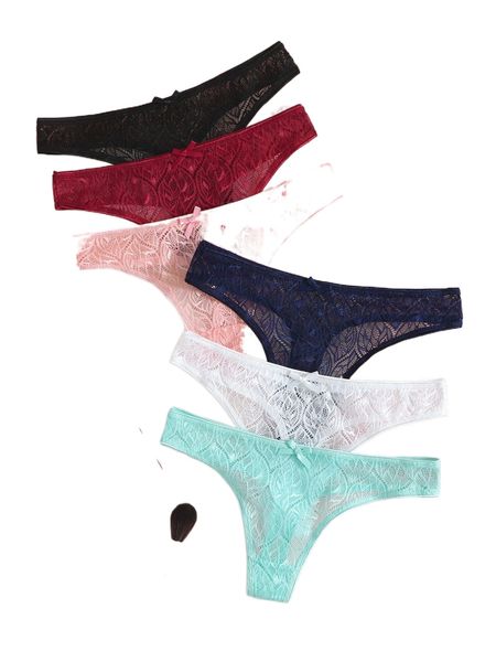 

6pack lace bow decor panty set m6b0#, Black;red