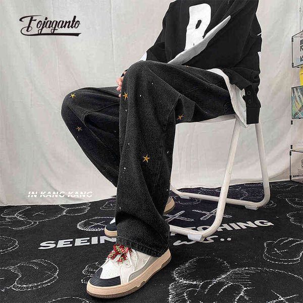 

fojaganto spring men hip hop jean pants high street paint spot straight jeans korean vintage trendy brand denim trousers male t220726, Blue