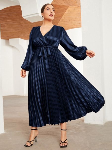 

plus surplice neck belted pleated striped dress f5ef#, Black