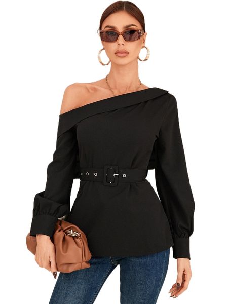 

asymmetrical neck belted blouse s7jb#, White