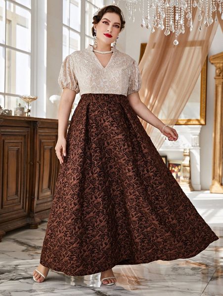 

plus plant print puff sleeve maxi flared dress l3rh#, Black