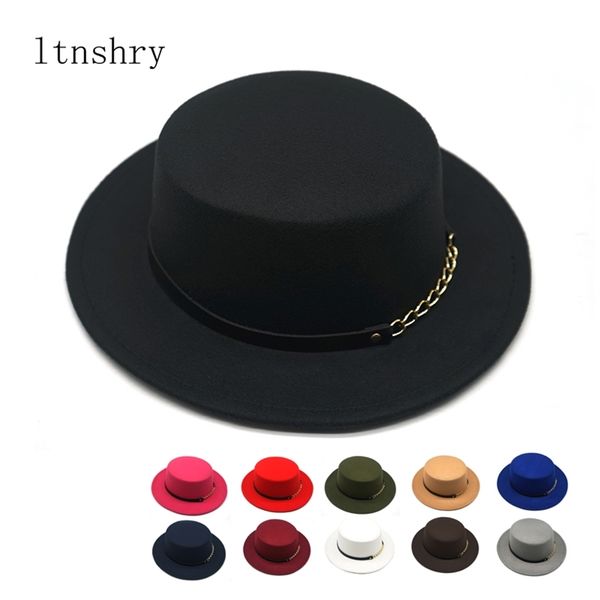 

women men wool fedora hat with gold chain ribbon gentleman elegant lady winter autumn wide brim jazz church panama hat 220513, Blue;gray