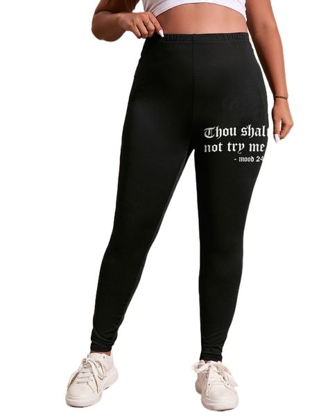 

plus slogan graphic leggings g3es#, Black