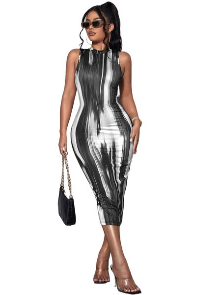 

sxy tie dye sleeveless bodycon dress m2vh#, Black;gray