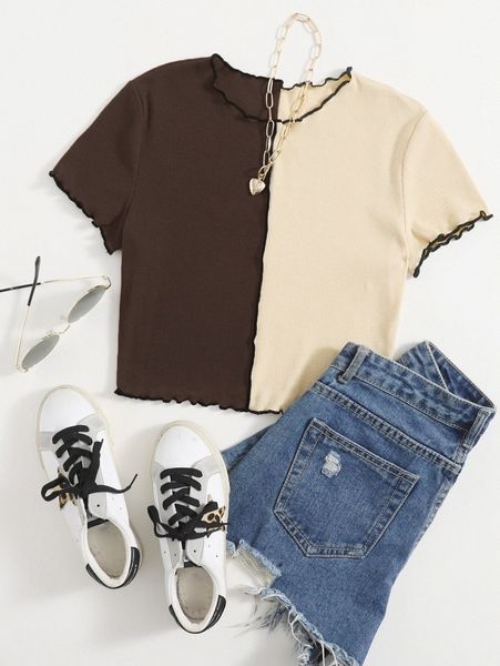 

lettuce trim two tone tee l37a#, White
