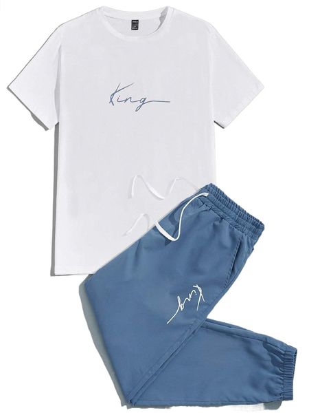 

men letter graphic tee & drawstring waist pants v7fc#, Gray