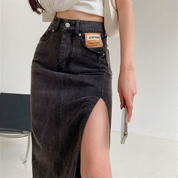 

streamgirl maxi jeans skirt women denim long skirts summer vintage maxi skirt side split denim skirt women long korean 220701, Black