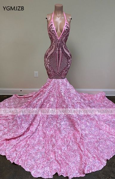 

pink prom dresses long mermaid 2022 black girls sequin backless halter 3d flowers african women formal evening party gowns
