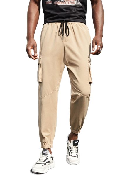 

men drawstring waist flap pocket pants h07x#, Black