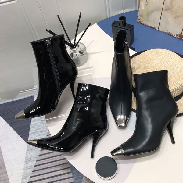 

autumn winter zipper heeled heel boots fashion 100% leather black woman boot pointed metal women designer shoes lady thin heel heels
