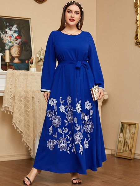 

plus floral embroidery contrast tape belted dress m5os#, Black