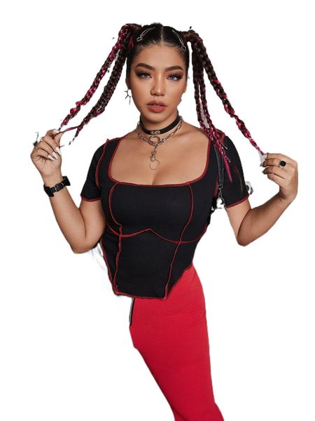 

plus contrast stitch asymmetrical hem o0gf#, Black