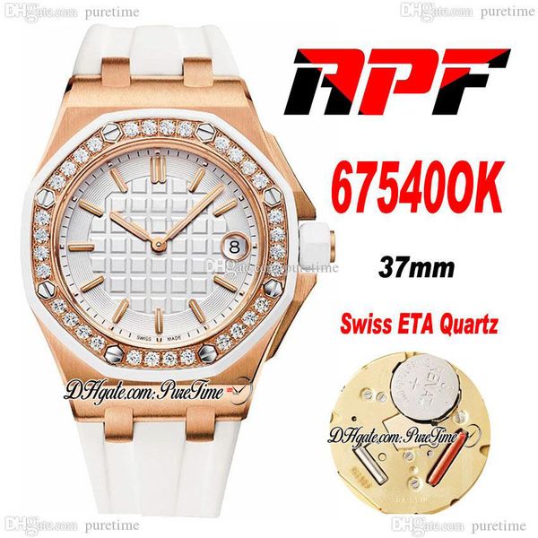 APF 37mm 6754 Orologio da donna al quarzo svizzero ETA Orologio da donna in oro rosa con pavé di diamanti lunetta Quadrante testurizzato bianco Indicatori di bastoncini Cinturino in gomma Super Edition Puretime B2