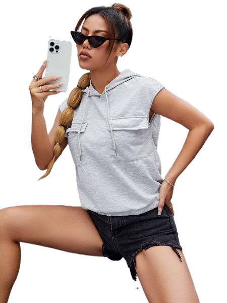 

flap pocket sleeveless drawstring hoodie y4kv#, Black