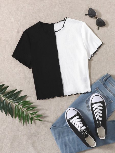 

lettuce trim two tone tee p851#, White