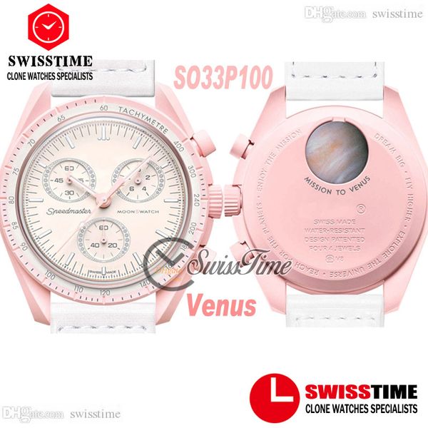 

bioceramic moonswatch swiss quqrtz chronograph mens watch so33p100 mission to venus 42 real pink ceramic white nylon satch with box super ed, Slivery;brown
