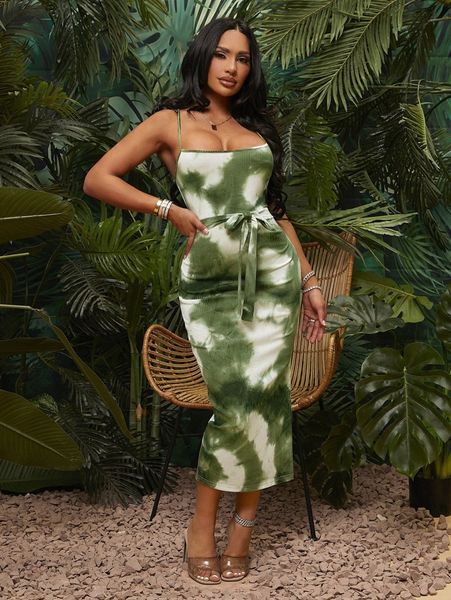 

sxy tie dye slit thigh belted cami dress g2nk#, Black;gray