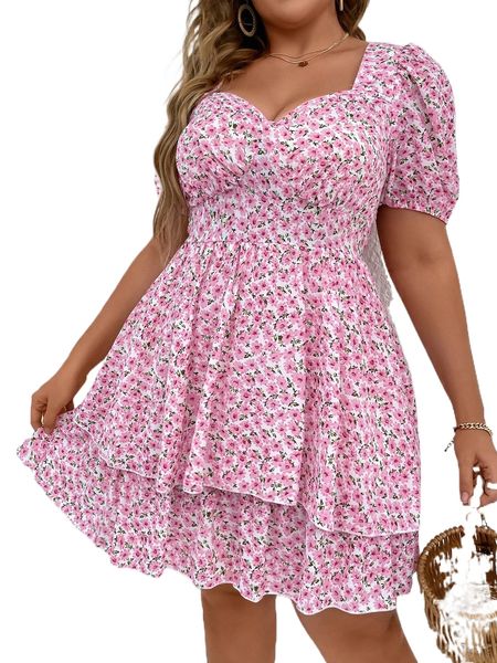 

plus ditsy floral print puff sleeve layered hem dress 16og#, Black