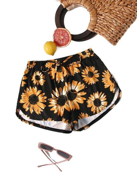 

sunflower print tie front shorts 94rj#, White;black