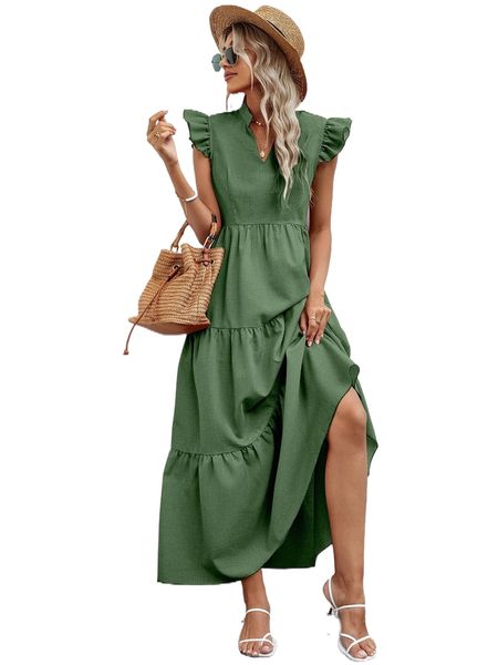 

notched collar cap sleeve ruffle hem dress 03ox#, Black;gray