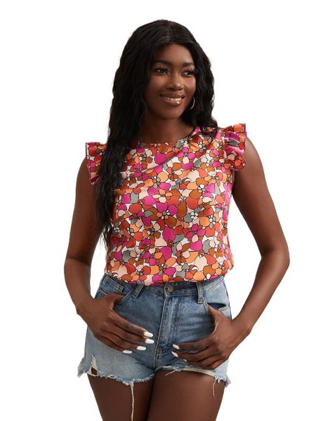 

x yin creative studio allover floral print ruffle trim blouse u1tq#, White