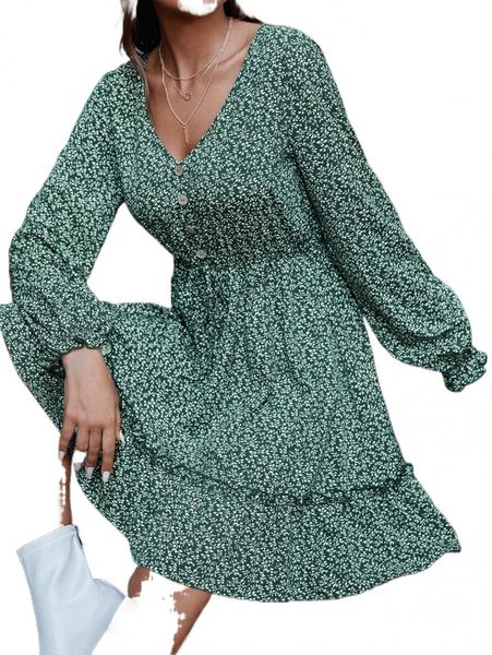 

buttoned front frill trim ditsy floral dress k2pp#, Black;gray