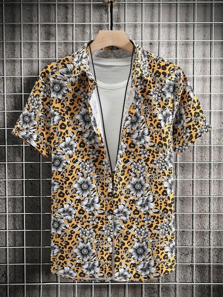 

men random leopard & floral print shirt without tee u3e9#, White;black