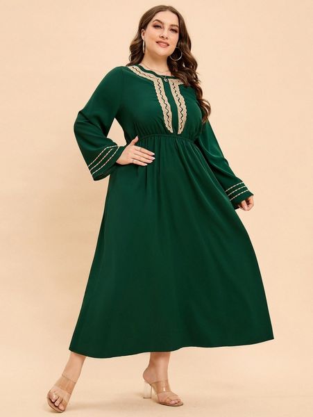 

plus embroidery bell sleeve a-line dress 68x0#, Black