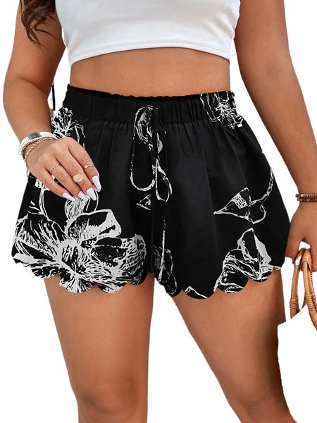 

plus floral print scallop trim knot front shorts q7do#, Black