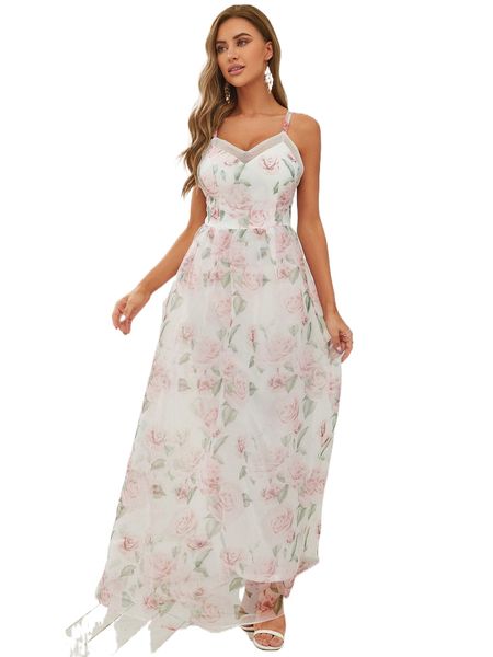 

floral print crisscross back cami organza dress b0ye#, Black;gray