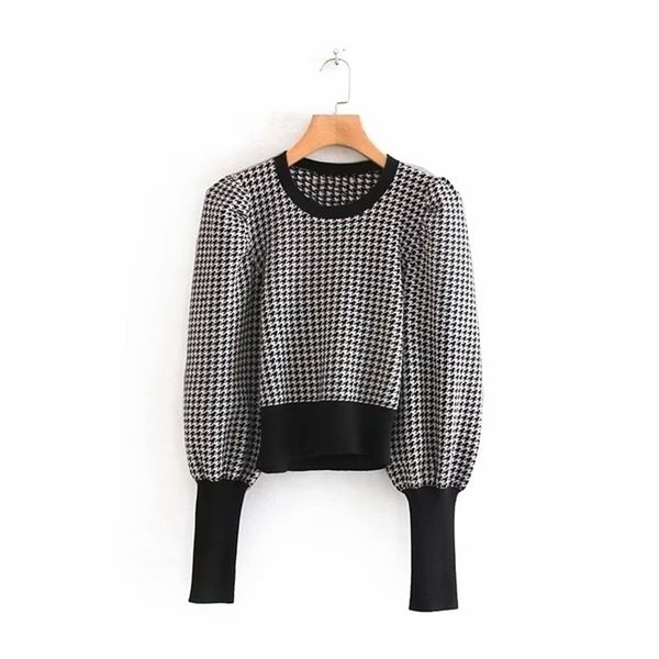 

women vintage houndstooth pattern puff sleeve casual sweater ladies basic o neck knitted pullover autumn chic s163 201130, White;black