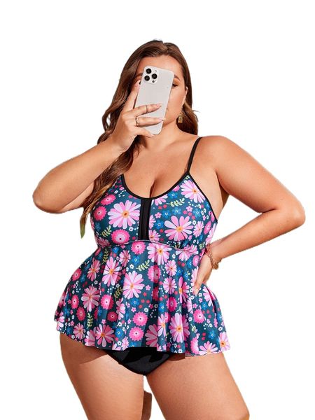 

plus floral print peplum high waist bikini swimsuit r6oj#, White;black