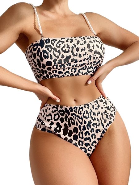 

leopard beaded strap linked high waisted bikini swimsuit u4w2#, White;black