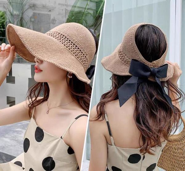 Chapéus largos de aba largo Sun Summer Sun para mulheres dobráveis ​​Hollow Out Open Top Visor Straw Beach Hat Girl ao ar livre Viagem Casual Capwwide