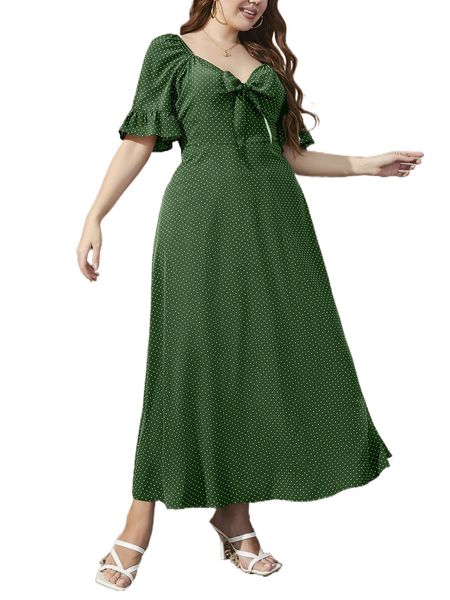 

plus polka dot flounce sleeve knot front a-line dress w41z#, Black