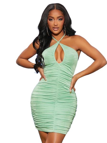 

sxy tie backless ruched halter bodycon dress d9en#, Black;gray