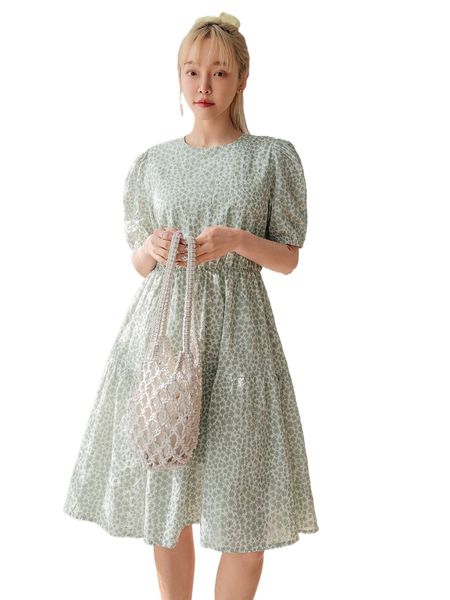 

dazy ditsy floral puff sleeve ruffle hem dress 75ez#, Black;gray