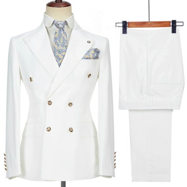 Foto real branco noivo smoking lapela pico masculino ternos de negócios baile de formatura blazer vestido personalizável w1499