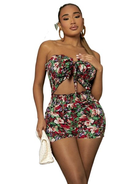 

sxy allover floral knot shirred tube & shorts d9ia#, Black;white