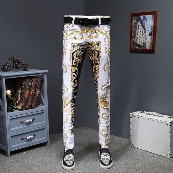 

luxury gold print jean homme slim designer denims jeans men erkek kot pantolon skinnygold denims stretch fancy party trousers 201123, Blue