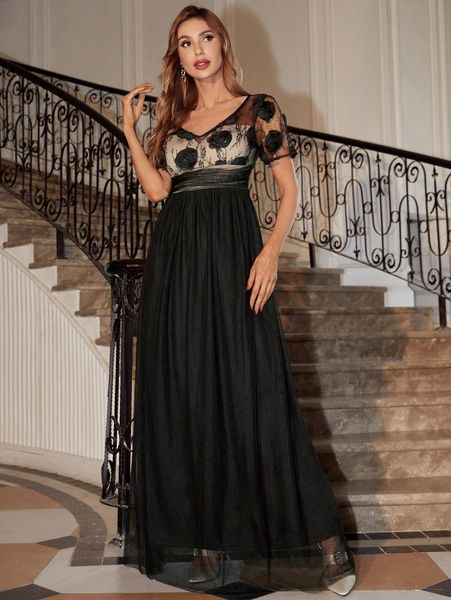 

applique mesh backless a-line dress e5hb#, Black;gray