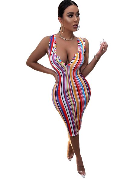 

sxy rainbow striped bodycon dress d520#, Black;gray