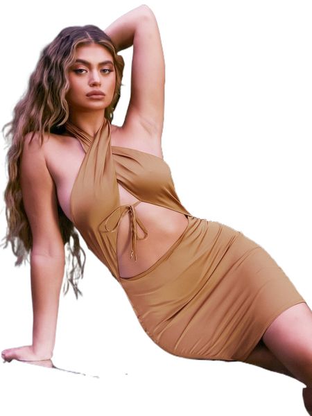

sxy halter neck tie satin bodycon mini dress f3vo#, Black;gray