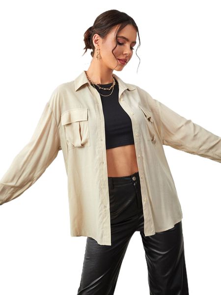 

solid flap pocket blouse k1he#, White