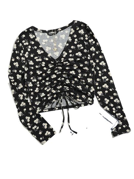 

drawstring front floral tee d9py#, White